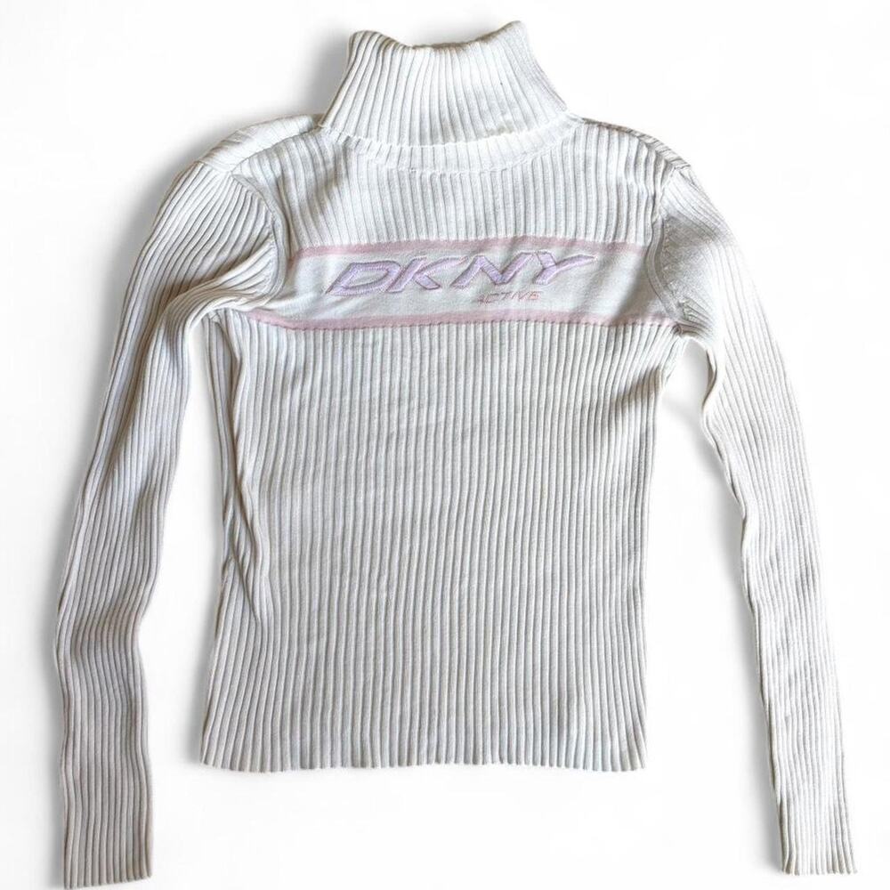 Vintage 90s DKNY Active Spellout Turtleneck Pink and Purple Size Medium